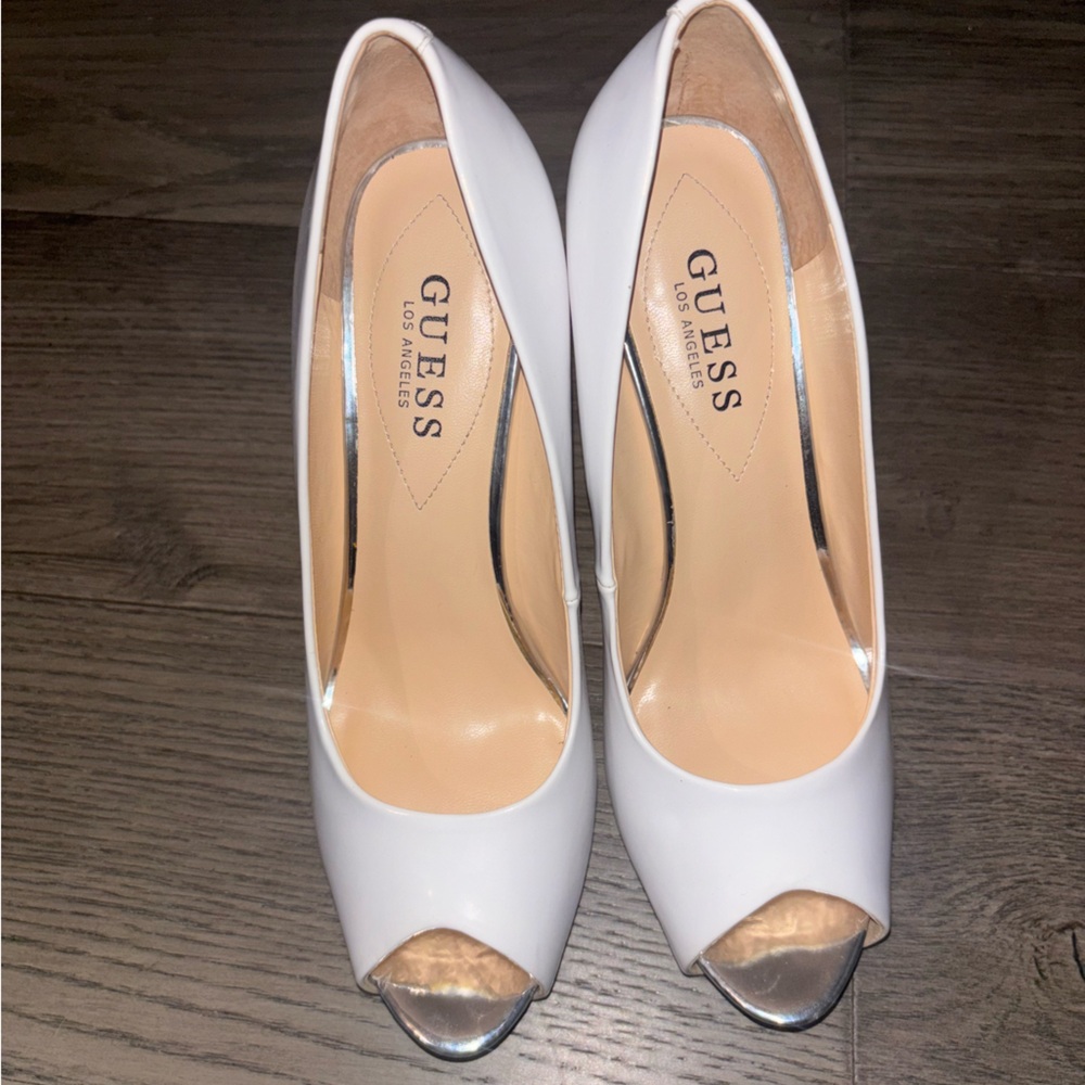Guess Women's White and Silver Peep Toe Heels
